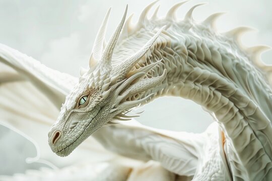 A detailed view of a white dragon statue, perfect for fantasy or mythology-themed projects
