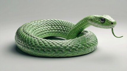 Minimalist 3D vector snake gently coiled in soft green shades on a white background