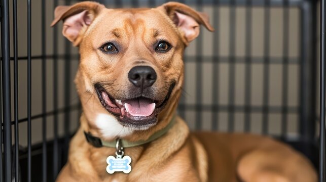 Emergency Pet Shelter Concept, Happy Dog with ID Tag Relaxing Comfortably in Crate, Enjoying a Calm Moment