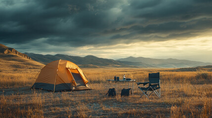 Tent under dramatic clouds in open landscape setting.