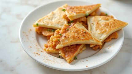Triangle pancakes with chicken arranged artistically on a white plate with copy space image