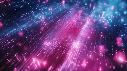 Obraz premium Cyberpunk Cityscape: Neon Trails & Digital Rain at Night. AI Generated