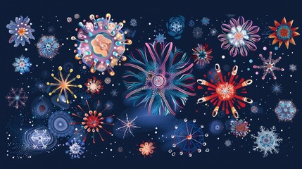 Beautiful, colorful snowflakes on a dark blue background