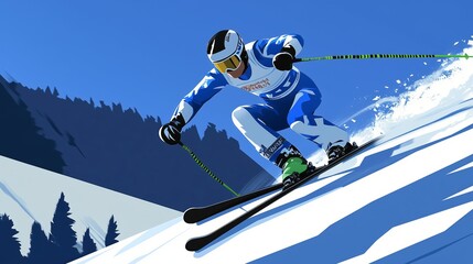 Ski racer speeds down a snowy slope during competition in a mountainous region on a clear day