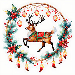 Magical Dreamcatcher Santa Sleigh: Delicate Beadwork & Enchanting Holiday Lights in Watercolor Clip Art Vector Image on Flat White Background