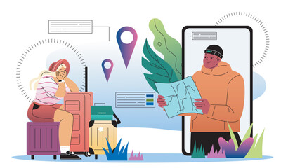 People prepare to travel. Woman with suitcases and man with map on smartphone screen. Travelers and tourists planning route. Holiday and vacation. Flat vector illustration
