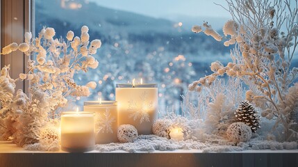 Enchanting Winter Window Display with Frost Patterns, Flickering Candles, and Cozy Snowscape View - Festive Holiday Decor