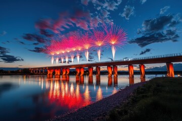 Festive Night at Illuminated Pedestrian Bridge with Fireworks