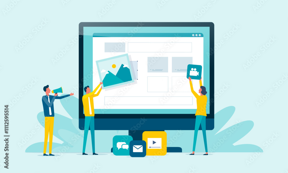 Poster web design and mobile application design process concept with designer and developer team working concept	
