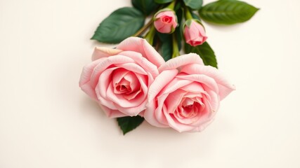 Fototapeta premium A single stem of pink roses, with delicate petals, rests on a crisp, white surface, its vibrant color creating a stunning contrast.