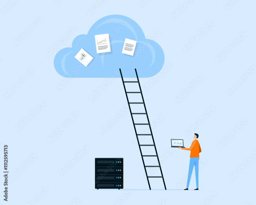 Poster business technology storage and cloud server service concept with administrator and developer workin