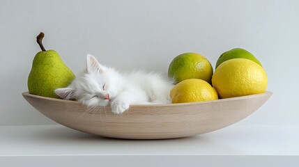 fluffy cat photography with wooden. A fluffy white kitten sleeps peacefully in a wooden bowl surrounded by colorful fruits, creating a charming and whimsical scene.