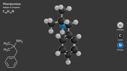 Molecule: Phentermine. Stimulants substance. Molecular structure. Formula: C10H15N. Chemical model: Ball and stick. Gray background. 3D illustration.