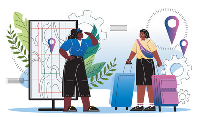 People prepare to travel. Woman with suitcases near map on smartphone screen. Travelers and tourists planning route. Navigation and gps. Flat vector illustration