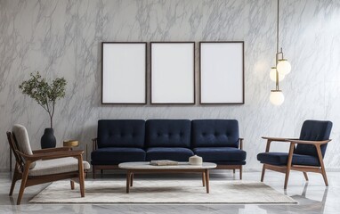 A photorealistic scene of an elegant living room with three blank white posters on the wall, a dark blue sofa paired with a Scandinavian-style armchair