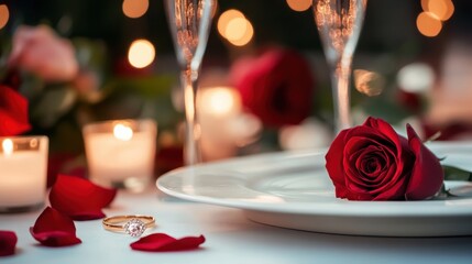 Romantic Dinner Setting with Red Roses, Candles, and Elegant Tableware for Celebrating Love and Special Occasions, Perfect for Engagement or Anniversary Photography
