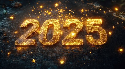 A creative "2025" text design made of glowing golden stars