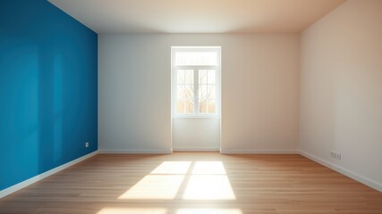 Empty room with a single window and sunlight streaming through the window, showcasing a wooden floor and a painted wall