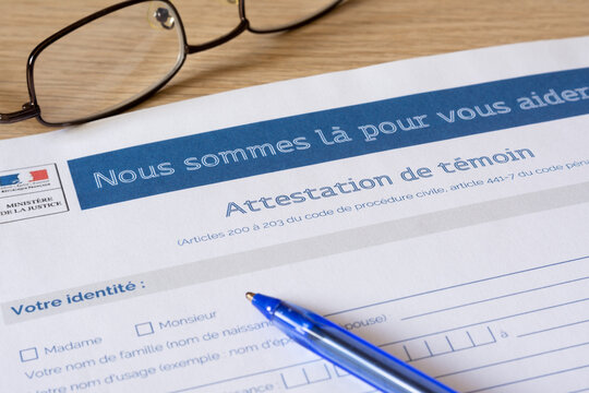 Attestation de t&eacute;moin. Minist&egrave;re de la justice.