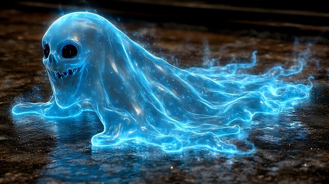 Glowing blue ghost figure with skull head, flowing like liquid on dark surface.