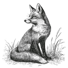 Obraz premium Sitting Fox Detailed Vintage Engraving Illustration on White Background with Intricate Texture Classic Wildlife Art Antique Style Majestic Animal Graphic Vintage Nature Design