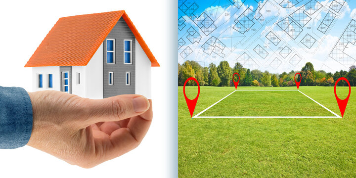 Land plot management - Real estate concept with a vacant land and cadastral parcel available for building activity and construction industry with residential home model