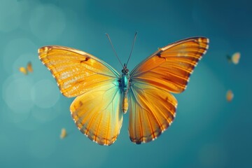 Fototapeta premium A bright yellow butterfly soaring through the air with delicate wings spread wide