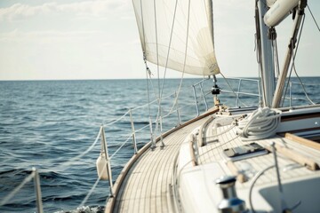 A sailboat gliding through calm waters of the open ocean, great for travel or adventure themes