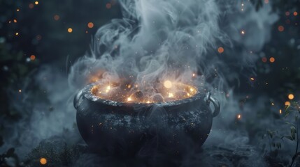 mystical grey smoke billows from a clay pot against a backdrop of dimly lit candles