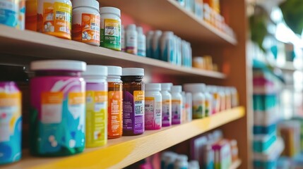 A display of health supplements with vibrant packaging and detailed labels