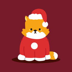 Christmas cat in Santa Claus hat and costume vector cartoon character.