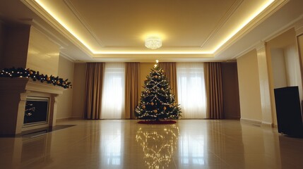 Elegant living room with decorated Christmas tree