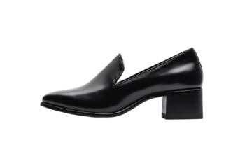 a black leather shoe with a block heel