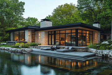 Obraz premium Modern Stone House with Pool and Evening Lighting