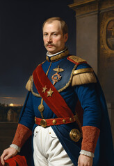 Renaissance-style painting portrait of a 19th century marshal, Generative AI	