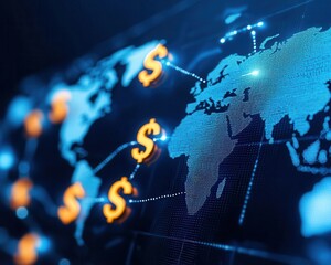 Obraz premium Digital map with currency symbols flowing between countries via Western Union, Western Union, global transaction