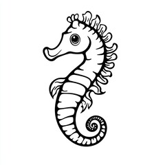 Fototapeta premium Adorable cartoon seahorse illustration, black and white line art.