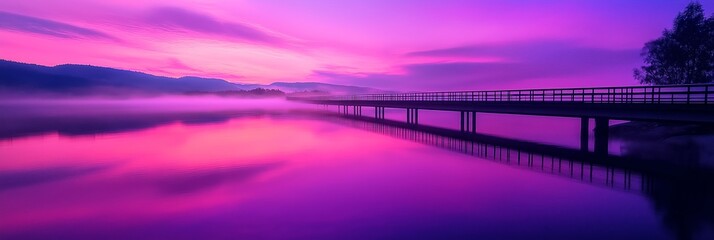 Fototapeta premium A scenic view of a bridge over a tranquil lake illuminated by beautiful pink dawn light.