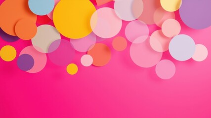 A vibrant and playful arrangement of colorful circles on a solid pink background
