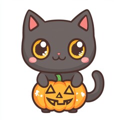 Cute black cat with big eyes playing with a carved pumpkin, perfect for Halloween-themed designs and decorations.