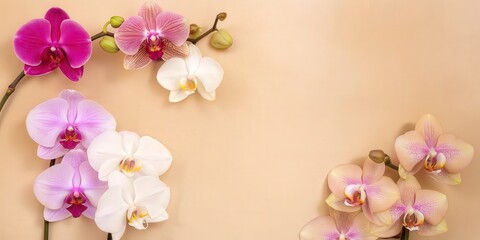 Obraz premium Elegant Orchid Flowers in Pastel Tones on Beige Background