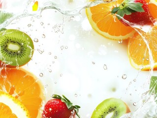 Oranges and kiwis burst in a vivid aquatic scene