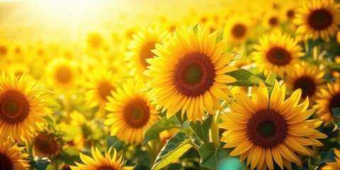 Fototapeta premium A field of sunflowers bathed in the golden glow of a summer sunset, their bright yellow petals reaching towards the sky