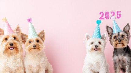 Dogs in colorful hats with pastel pink background 2025