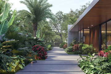 The backyard garden concrete walkway of modern loft style house is a tropical style lush forest garden 3d render illustration.