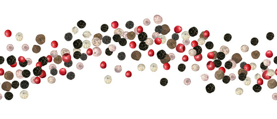 Flying white, black, red aromatic peppercorn seasoning watercolor horizontal seamless banner. Black pepper at different stages of ripening. Dried peppers illustration for food decor, kitchen design