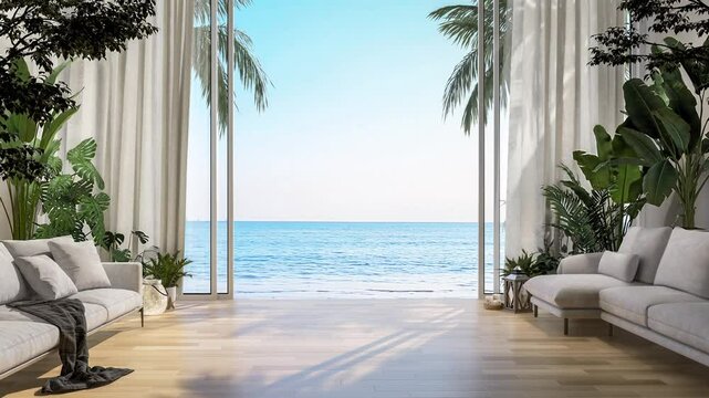 Animation of modern style comfortable white living room with open the door to see the sea view 3d render. there has a wooden floor decorated with tropical plants.