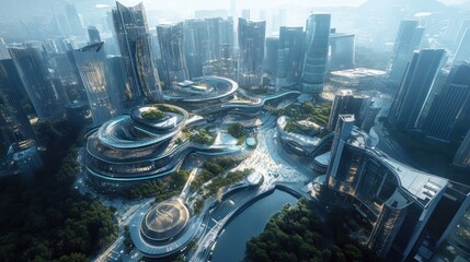 A futuristic city made of glass and steel, viewed from above.