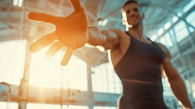 Motivational personal trainer outstretching hand to help you reach your fitness goals and healthy lifestyle