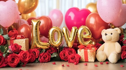 Love-themed setting with gifts and colorful balloons.